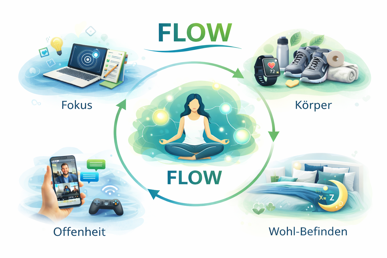 FLOW-Logik: Fokus, Leib, Offenheit, Wohlbefinden
